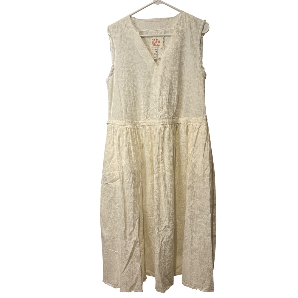 Hannoh Wessel Midi Dress Womens 40 Cream Cotton Linen Raw Edge Pockets Italy